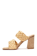 Women's Beige Straw Braided Thick Heeled Slippers | Derimod