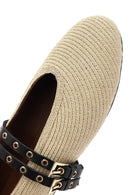 Women's Beige Double Buckled Straw Leather Ballerinas | Derimod