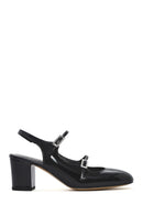 Women's Black Double Buckled Open Back Thick Heel Patent Leather Shoes | Derimod