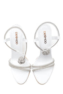 Women's White Leather Stone Heeled Sandals | Derimod