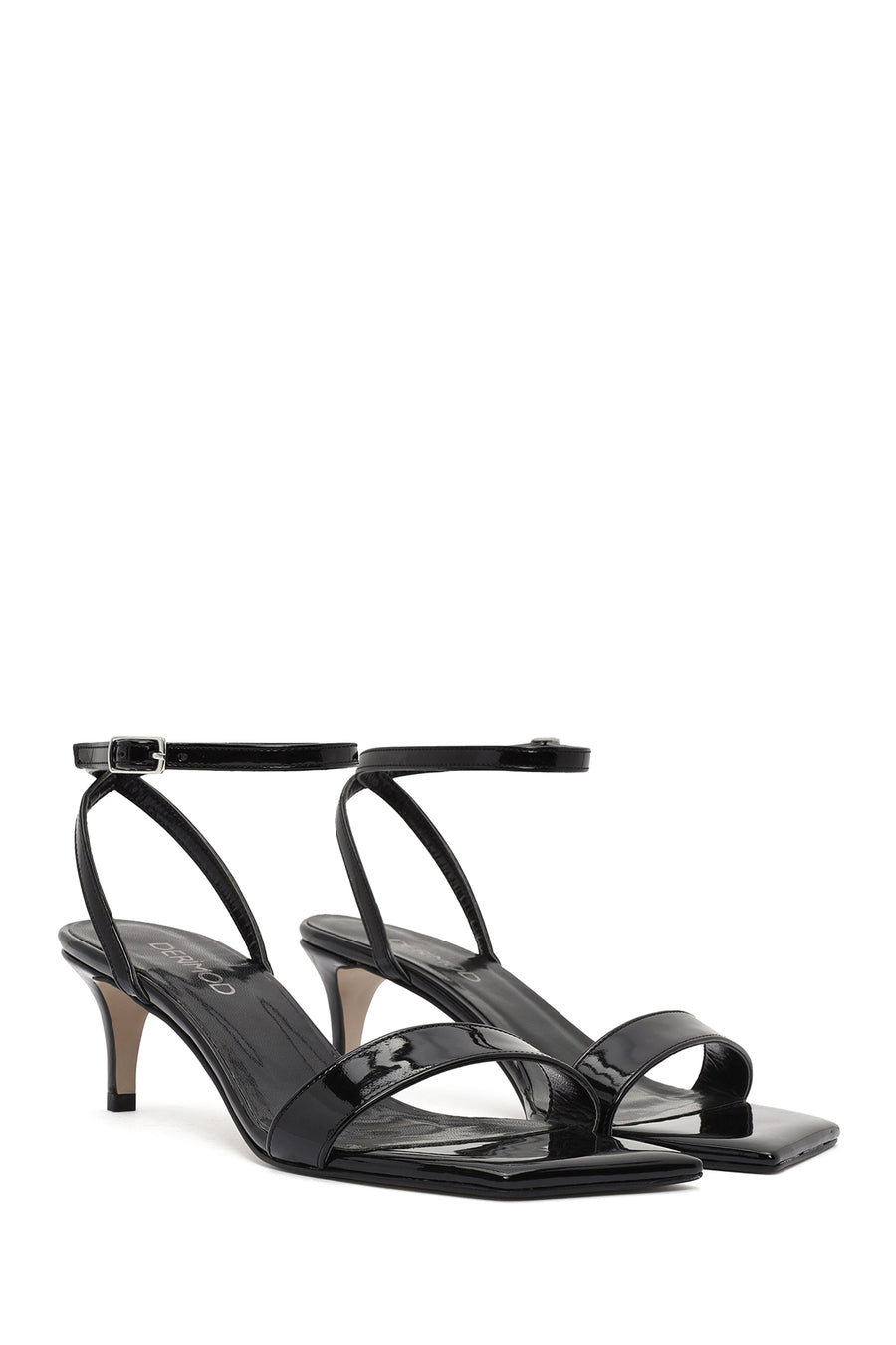 Women's Black Ankle Buckle Low Thin Heel Patent Leather Sandals