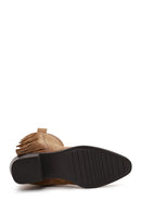 Woman Tan Fringed Chunky-Heeled Suede Cowboy Boots | Derimod