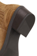 Woman Tan Short Thick-Heeled Embroidered Suede Cowboy Boots | Derimod