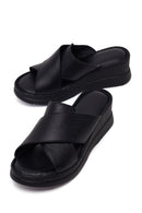 Women's Black Thick Soled Leather Comfort Slippers | Derimod