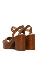Woman Tan Buckled Platform Block-Heel Suede Leather Sandals | Derimod
