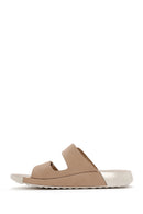 Women's Beige Double-Strap Nubuck Leather Comfort Slippers | Derimod