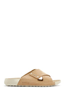 Women's Beige Strapped Nubuck Leather Comfort Slippers | Derimod