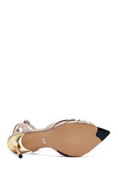 Women's Beige Ankle Buckle High Thin Heel Leather Sandals | Derimod