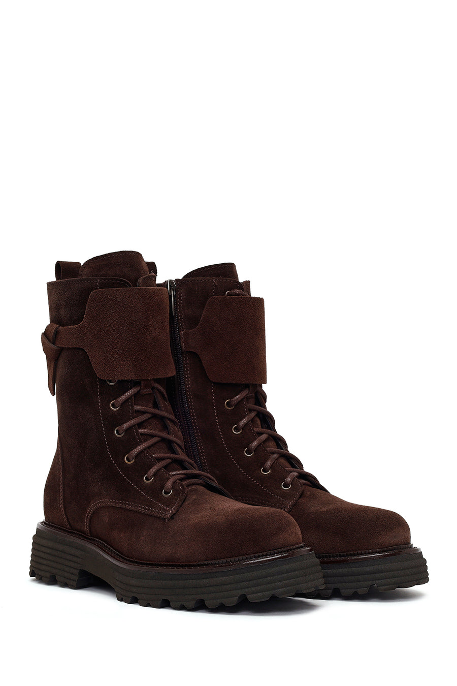 Woman Brown Lace-Up Zip Closure Suede Combat Boots