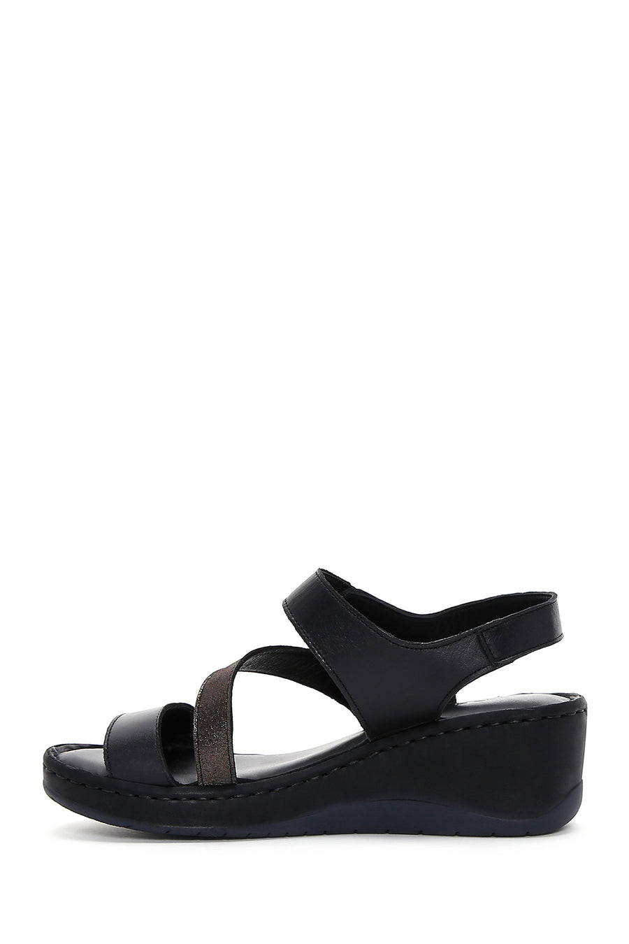 Women's Black Leather Wedge Heel Comfort Sandals