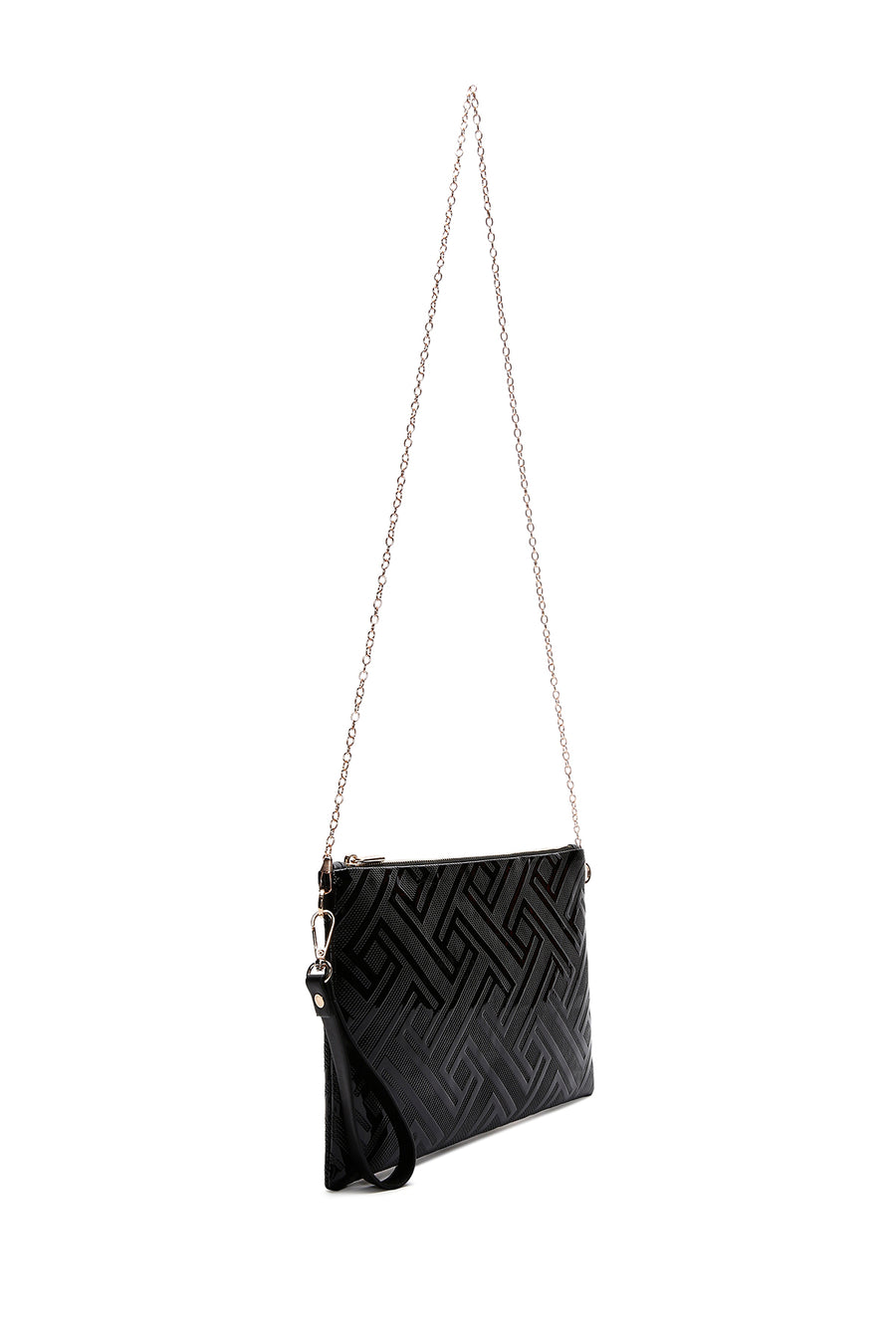 Women's Black Chain Strap Patterned Patent Leather Clutch Bag