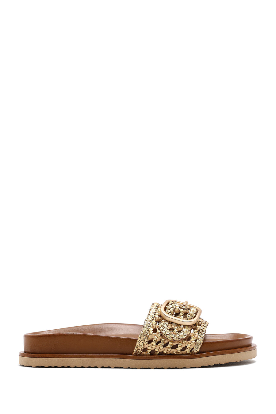 Women's Gold Buckled Straw Leather Slippers 25SFD5505M7 | Derimod