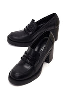Woman Black Thick-Heeled Leather Loafer | Derimod