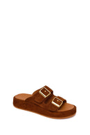 Woman Tan Double-Buckle Thick-Soled Suede Slipper | Derimod