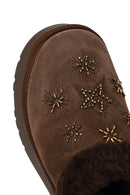 Woman Camel Thick-Soled Stone-Embellished Suede Teddy Slipper | Derimod