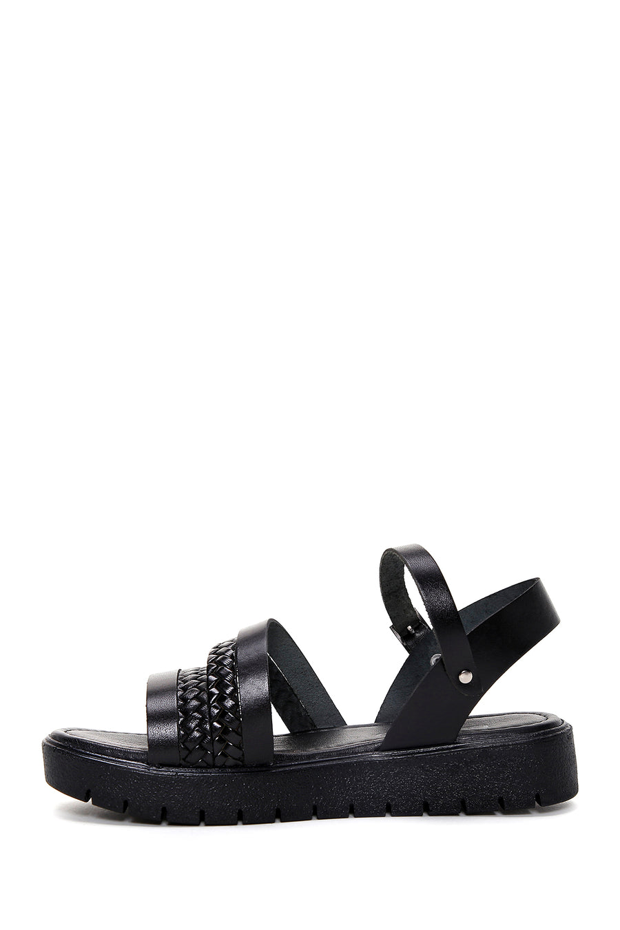 Women's Black Thick Soled Knitted Detailed Leather Bodrum Sandals