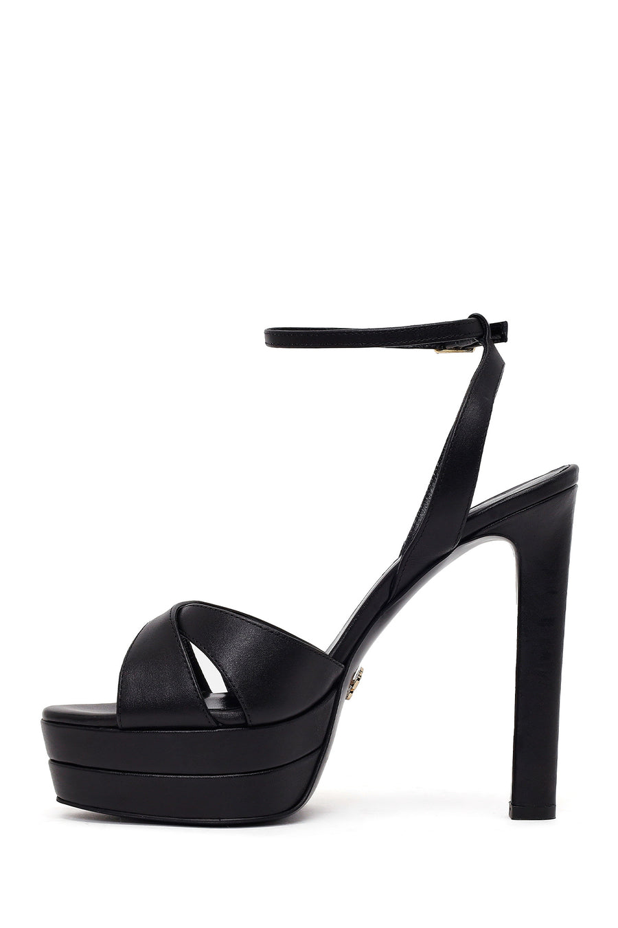 Woman Black Ankle-Strap Buckled Platform High Thick-Heel Leather Sandal