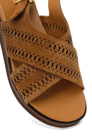 Woman Tan Patterned Suede Leather Sandals | Derimod