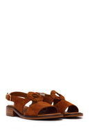 Women's Tan Suede Leather Sandals with Buckle | Derimod