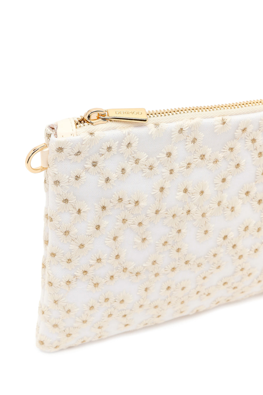 Woman Beige Long Chain Strap Patterned Clutch Bag