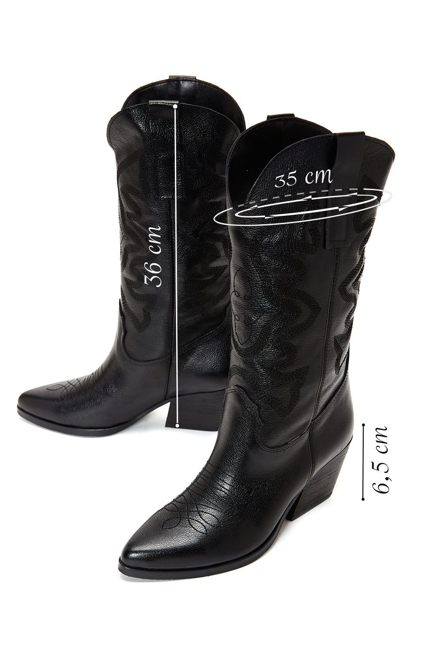 Women's Black Thick Heeled Leather Cowboy Boots