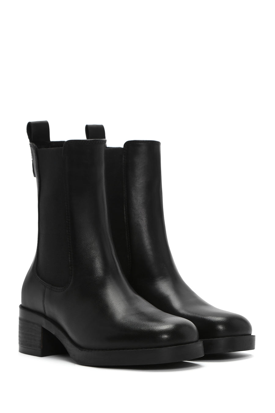 Women's Black Thick Heeled Leather Chelsea Boots
