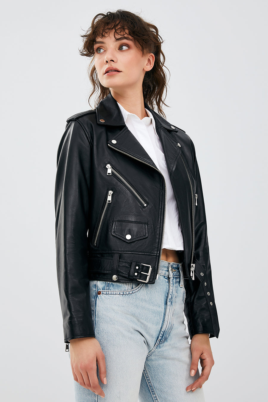 Newage Kadın Siyah Slim-Fit Biker Deri Ceket