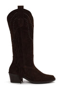 Woman Brown Tassel Chunky-Heeled Suede Leather Cowboy Boots | Derimod