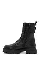 Women's Black Lace-Up Zipper Detailed Leather Combat Boots | Derimod