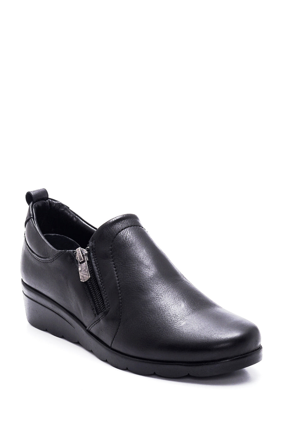 Women's Black Leather Wedge Heeled Comfort Shoes