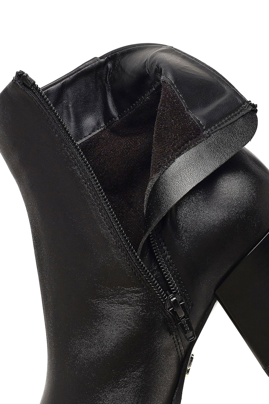 Woman Black Zip Closure Thick-Heeled Leather Boots