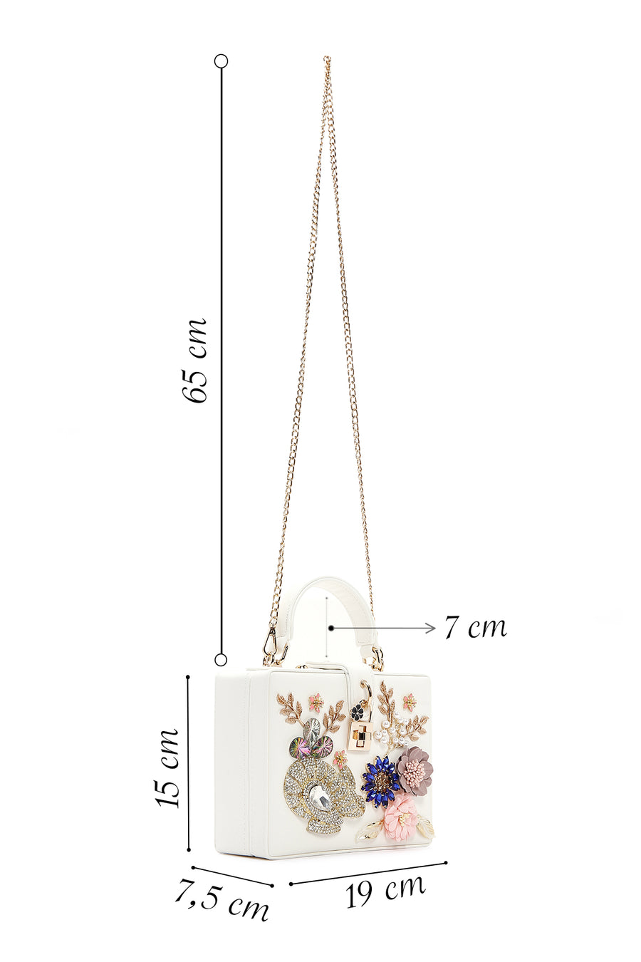 Women's White Long Chain Strap Stone Box Mini Crossbody Bag