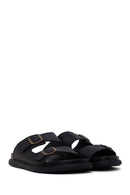 Male Black Double-Buckle Nubuck Leather Slipper | Derimod