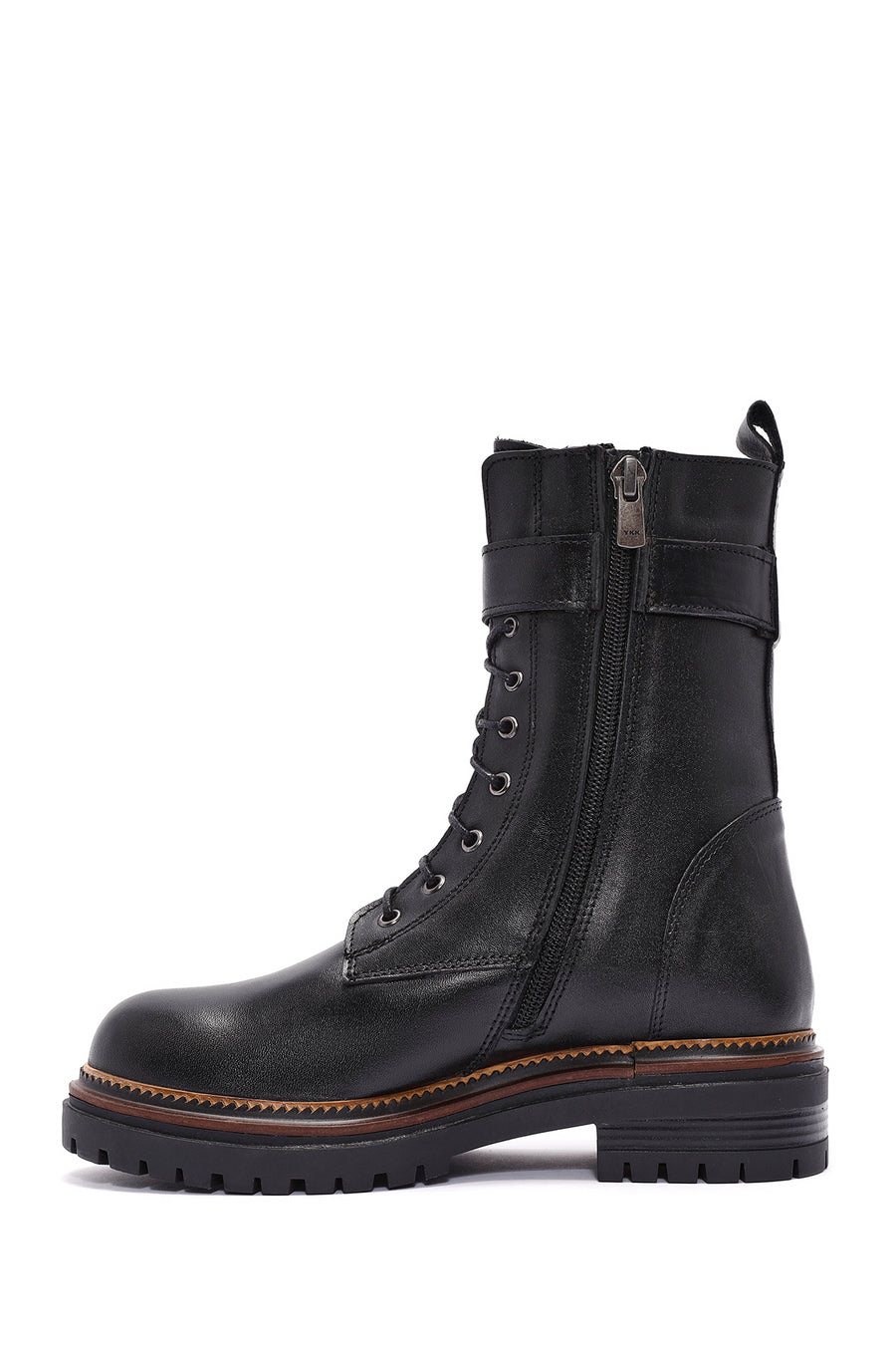 Women's Black Zippered Lace-Up Leather Combat Boots