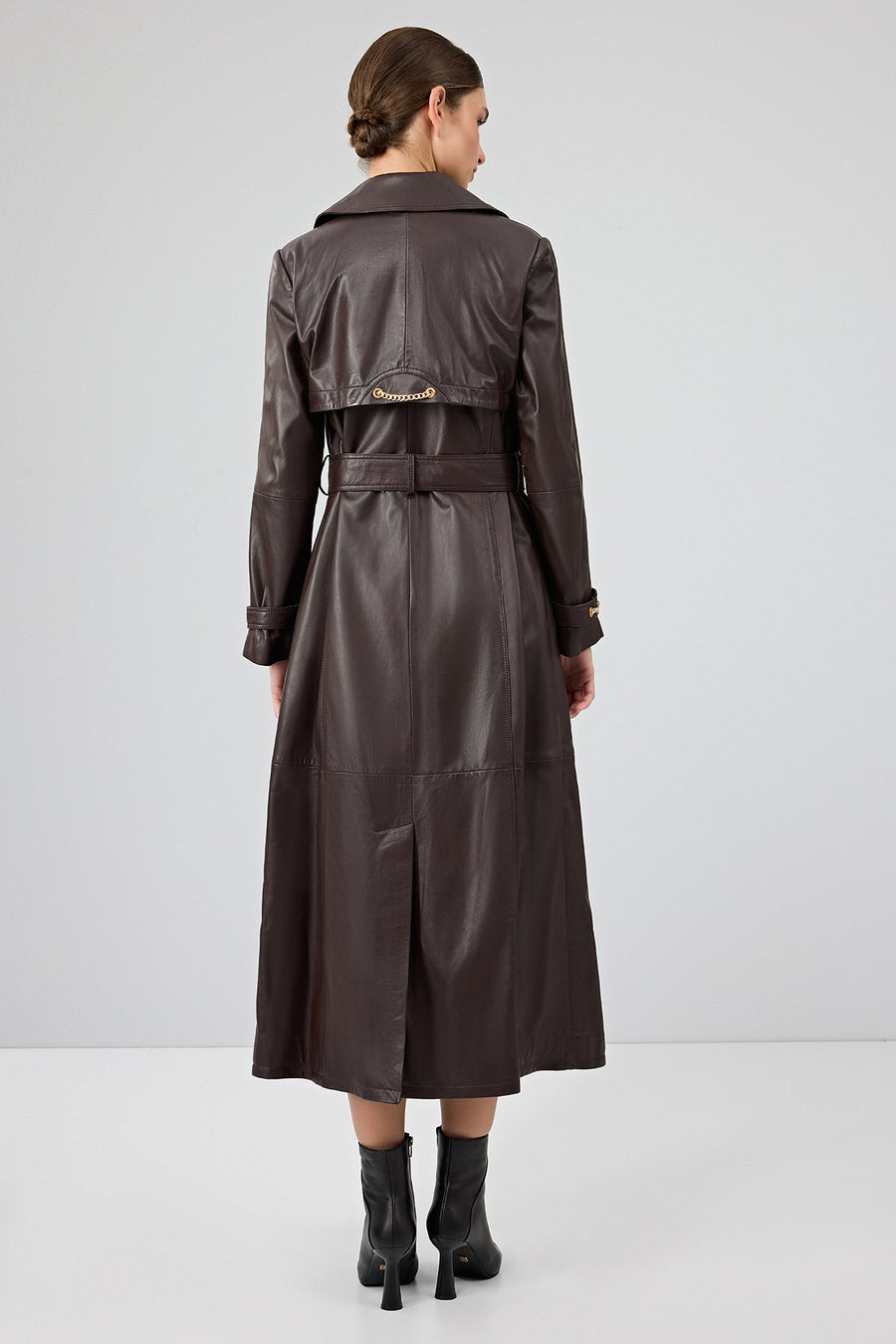Jenny -X Women's Brown Belt Detailed Leather Trench Coat