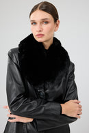 Christina Women's Black Fur Long Leather Coat | Derimod