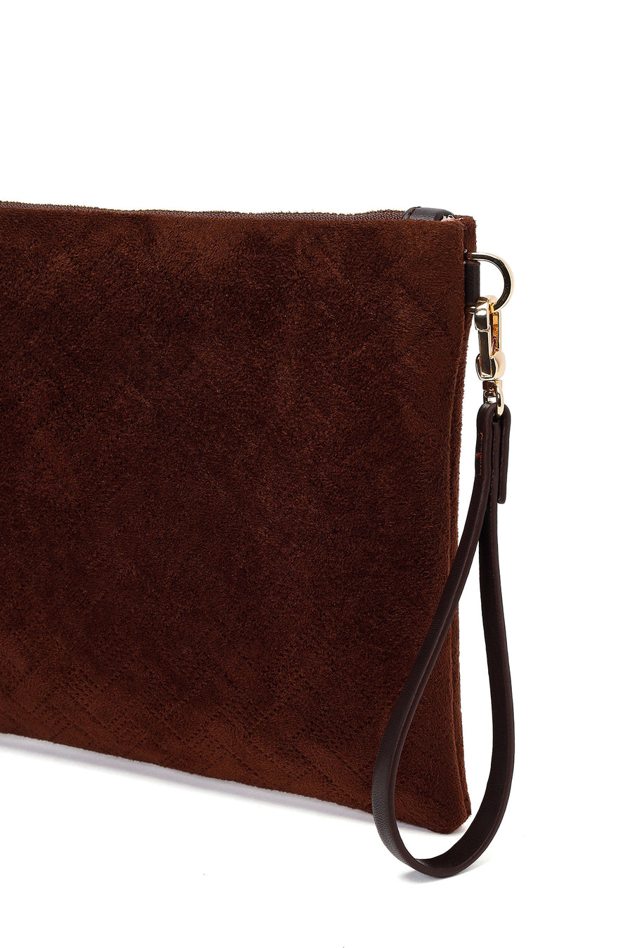 Woman Brown Suede Clutch Bag with Long Chain Strap