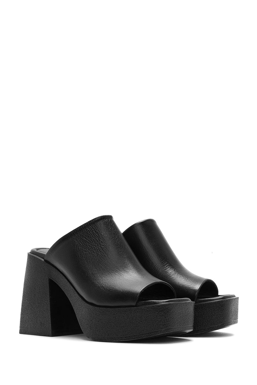 Women's Black Platform Thick High Heel Leather Slippers