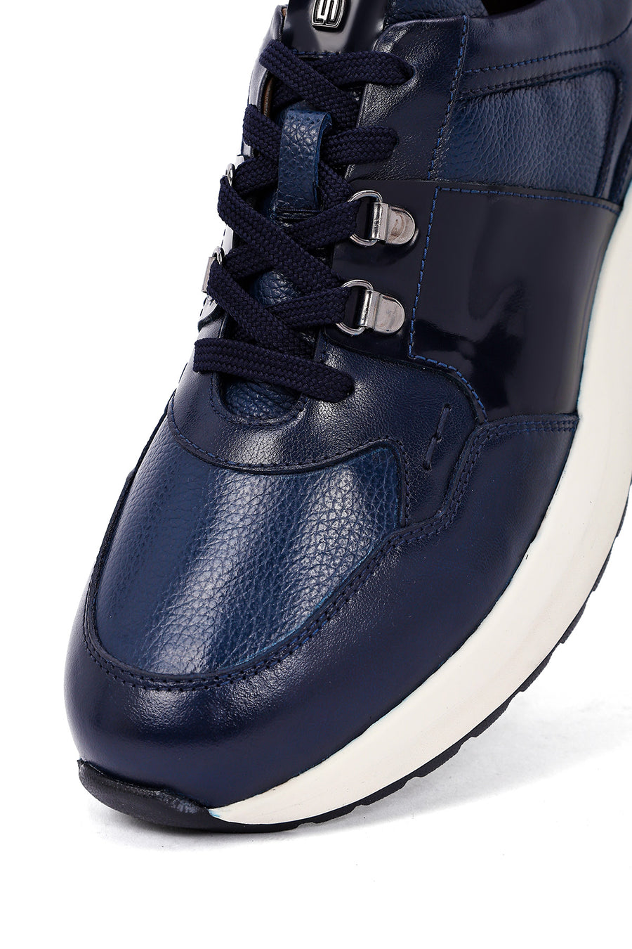 Men's Navy Blue Lace-Up Thick-Soled Leather Casual Sneakers
