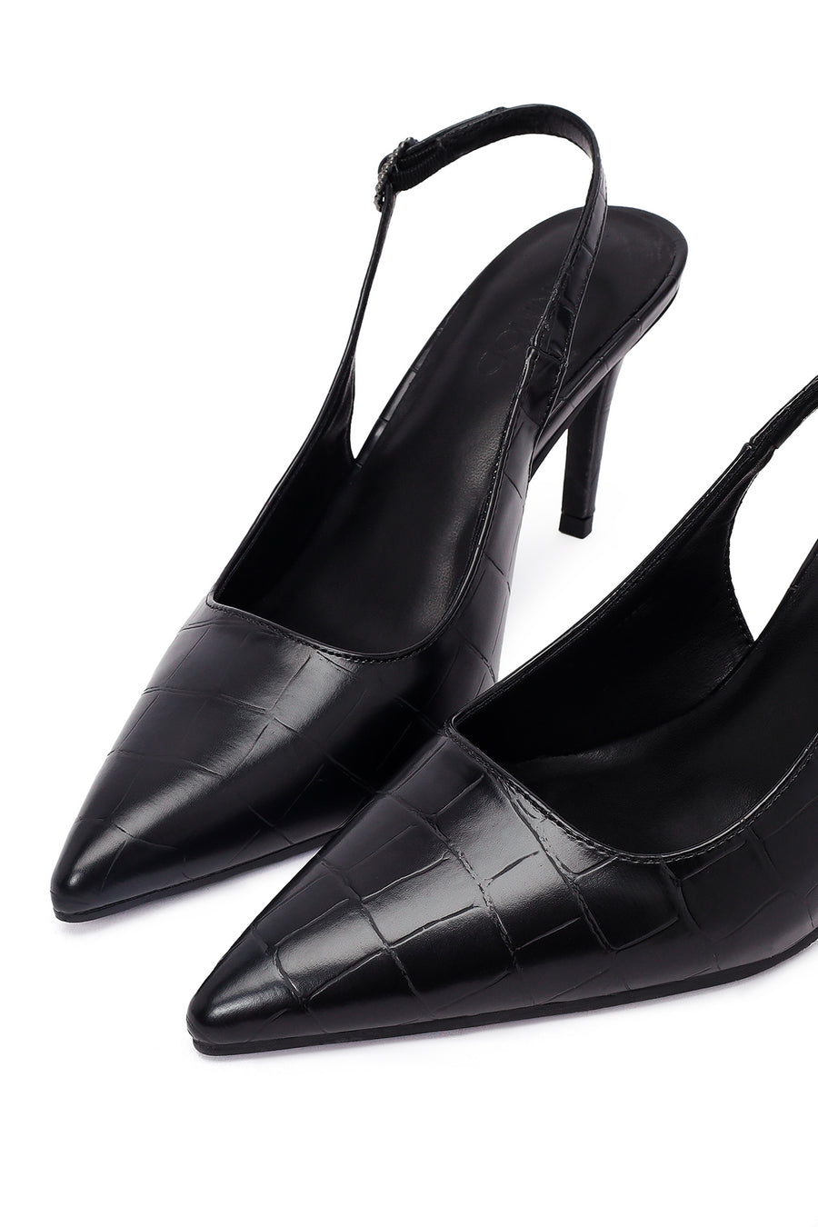 Woman Black Crocodile-Embossed Open-Back Stiletto High Heel