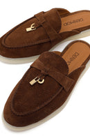 Women's Brown Buckled Suede Leather Slippers | Derimod