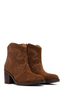 Woman Tan Suede Chunky Heel Leather Cowboy Boots | Derimod
