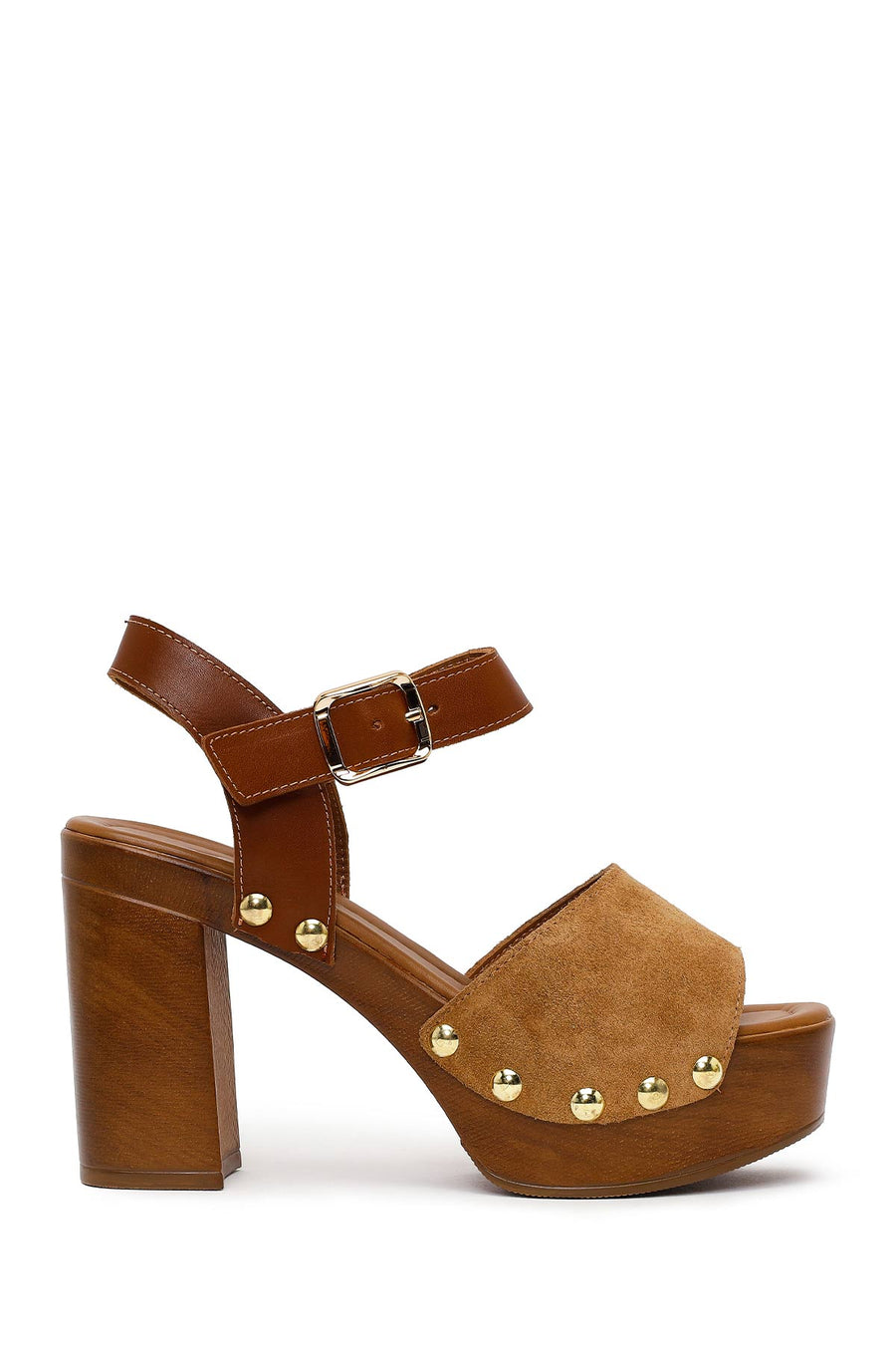 Woman Tan Ankle-Buckle Platform High Thick-Heeled Suede Sandal 26SFD152810 | Derimod