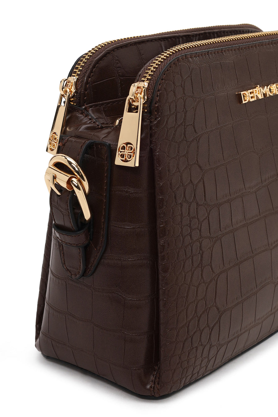 Woman Brown Long-Strap Crocodile Pattern Crossbody Bag