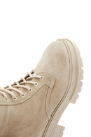Women's Beige Zippered Suede Leather Combat Boots | Derimod