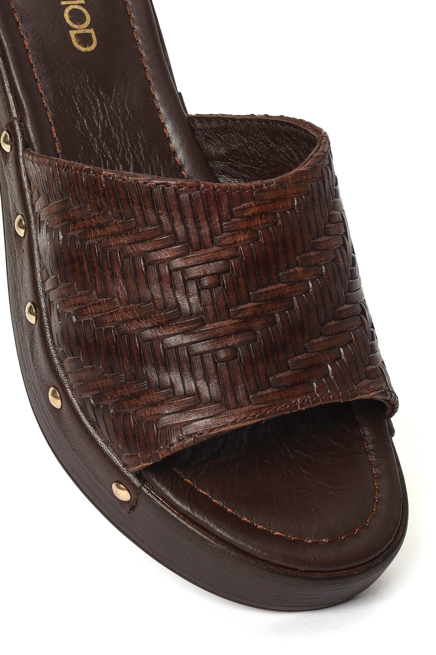 Women's Brown Patterned Short Chunky Heel Leather Slippers