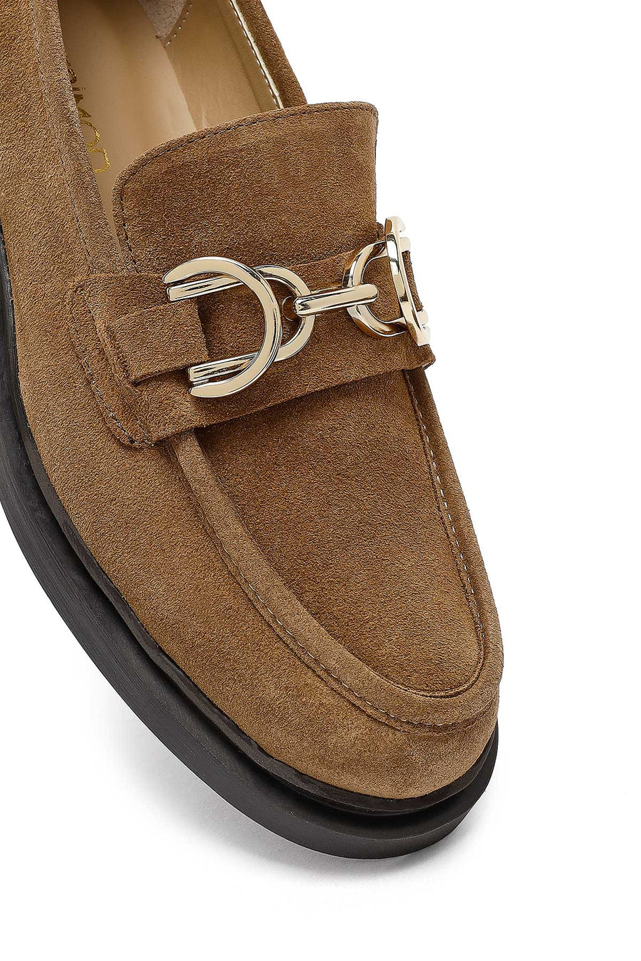 Woman Tan Buckled Suede Leather Masculine Loafer