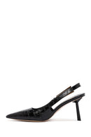 Women's Black Crocodile Patterned Open Back Thin Heeled Leather Shoes | Derimod