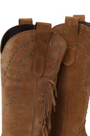 Woman Tan Fringed Chunky-Heeled Suede Cowboy Boots | Derimod