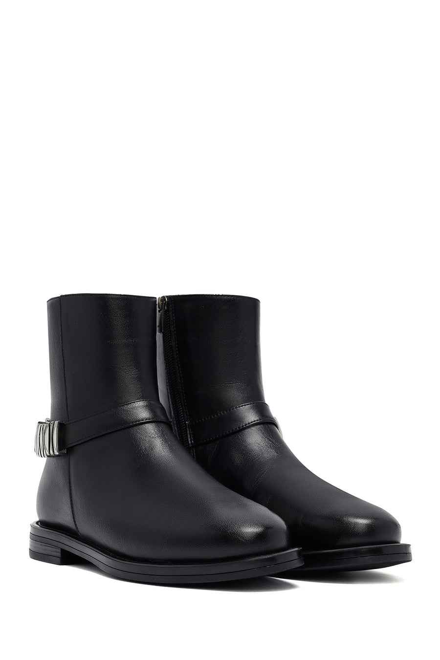 Woman Black Zippered Metal Detail Leather Boat